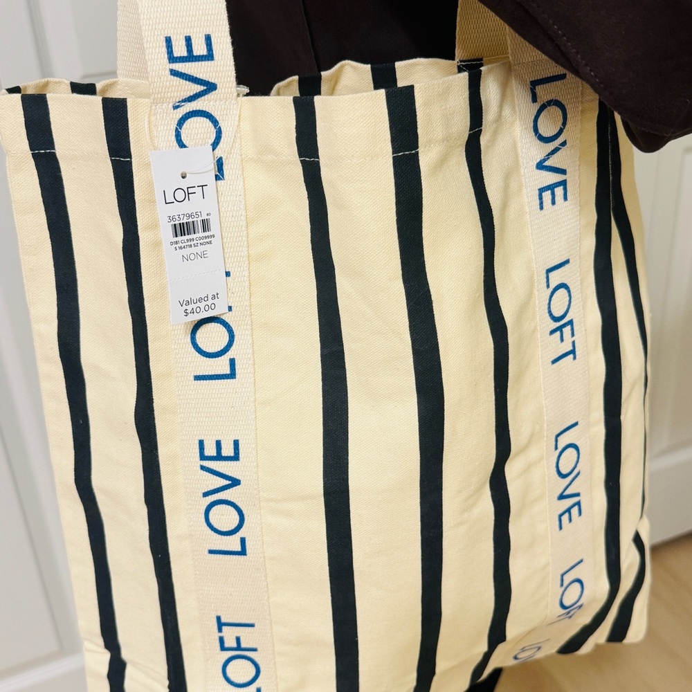 LOFT LOVE Canvas Cream Striped Shopping Tote NWT - Picture 4 of 11
